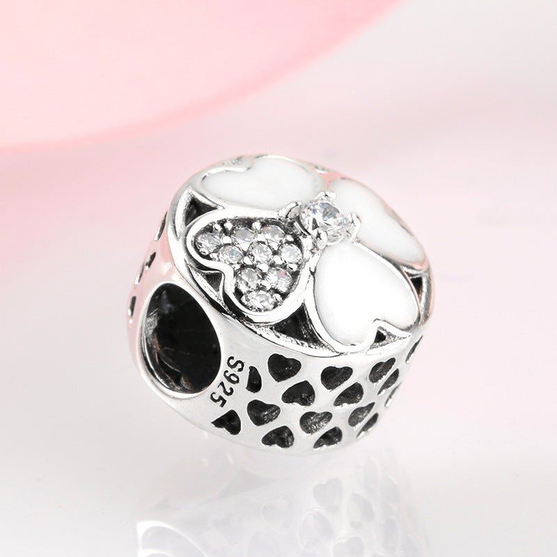 S925 Sterling Silver Round Four Leaf Clover Zircon Inlaid Bead Pendant