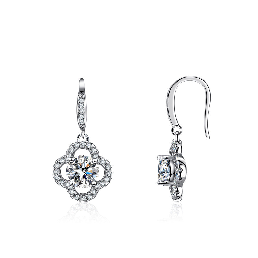 Moissanite earrings, 925 sterling silver four-leaf clover ear hooks