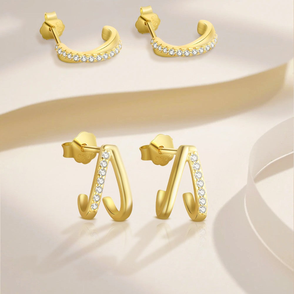 S925 Sterling Silver C-Shaped Zircon Stud Earrings