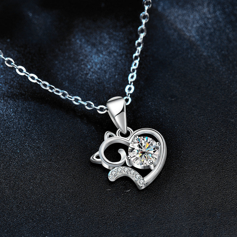 S925 Sterling Silver Moissanite Cute Cat Necklace