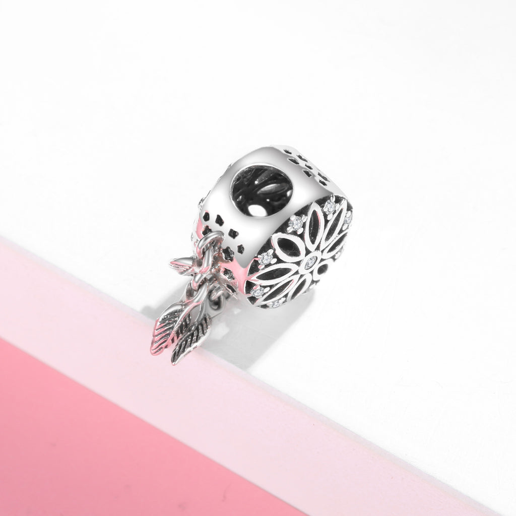 S925 Sterling Silver Hollow Flower Feather Tassel Dreamcatcher Pendant