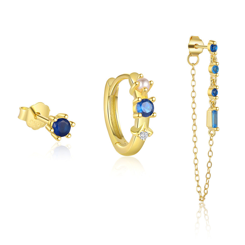 S925 Sterling Silver Blue Zircon Stud Earring Set