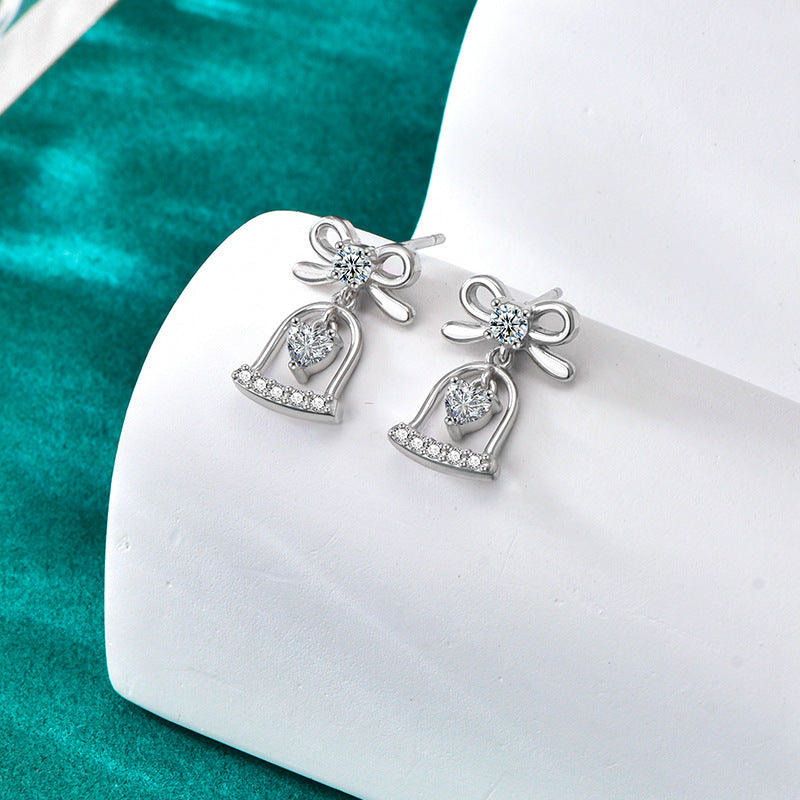 S925 Sterling Silver Moissanite Bow Bell Earrings Christmas Jewelry