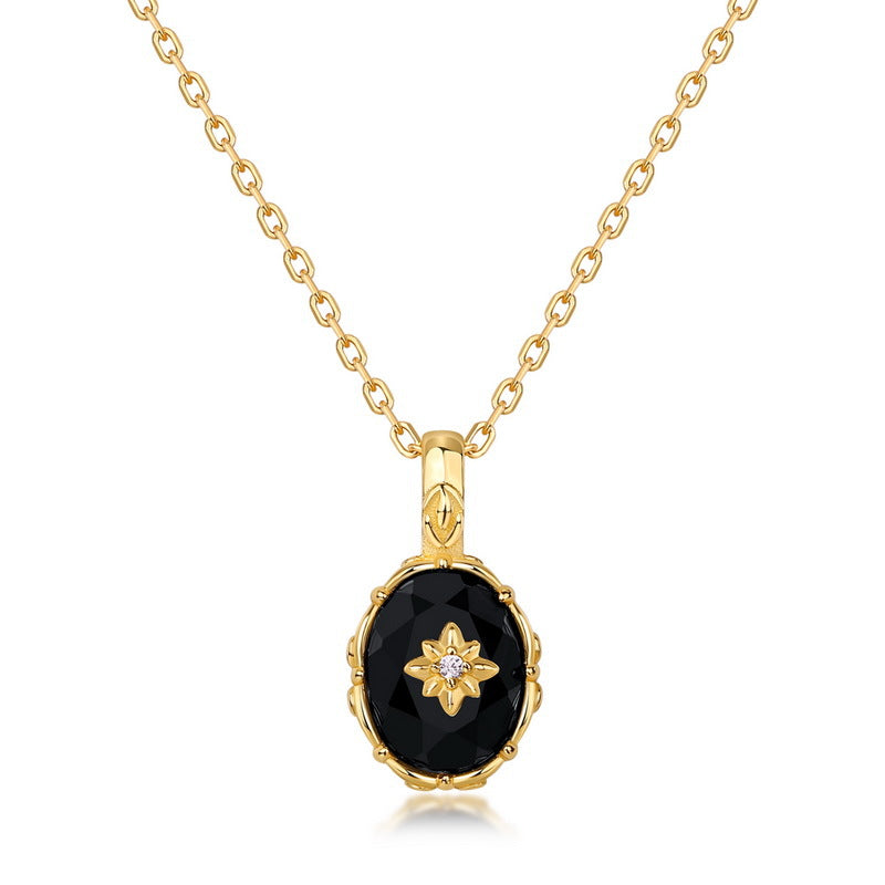 S925 Sterling Silver Gold-Plated Flowers Black Agate Pendant Necklace