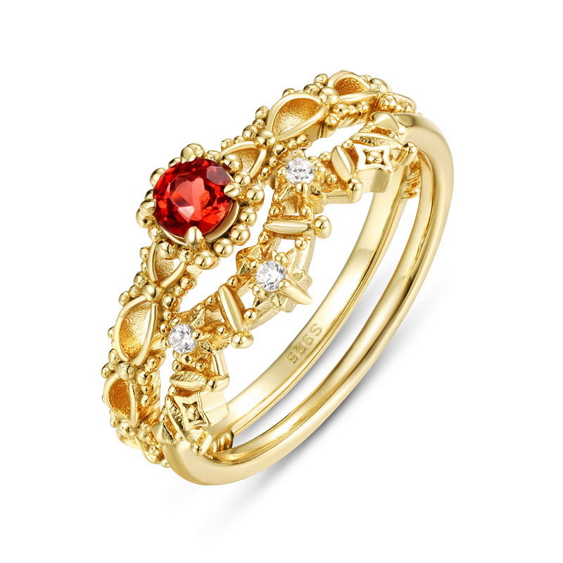 S925 Sterling Silver Gold-Plated Garnet Crown Ring