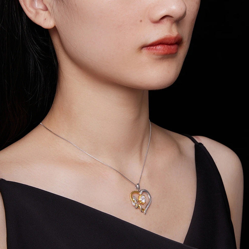 S925 Sterling Silver Moissanite Sunflower Heart-Shaped Gold Pendant Necklace