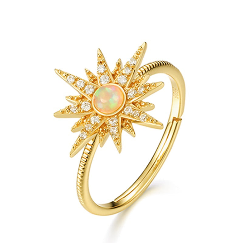 S925 Sterling Silver Sun Ring Set with Opal and Cubic Gemstones
