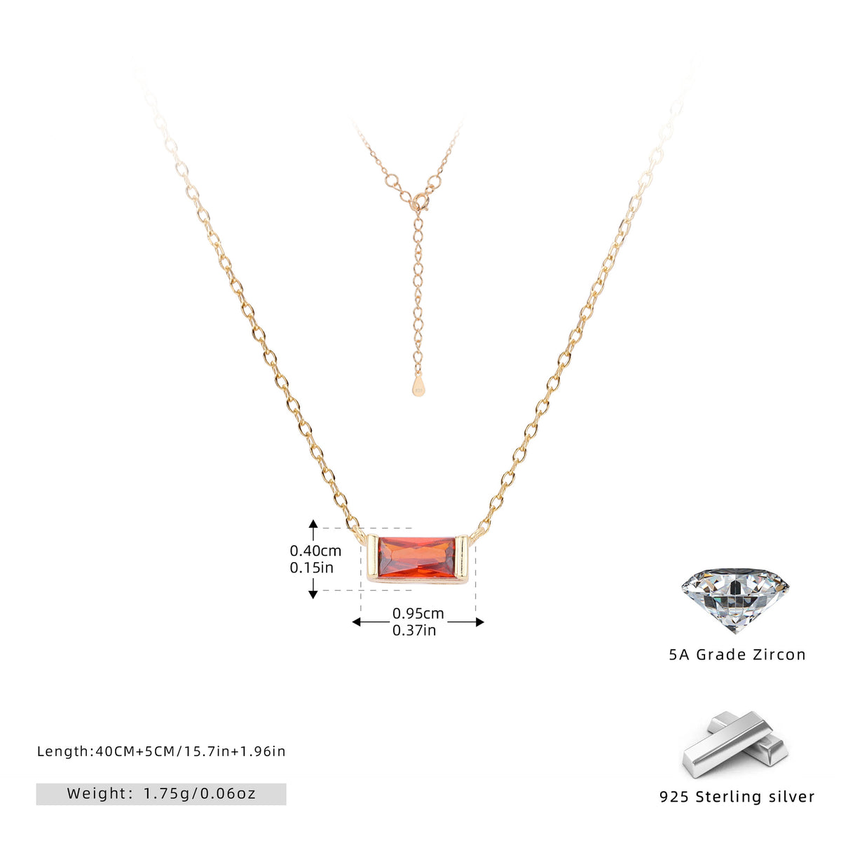 Rectangular colored zircon s925 sterling silver December birthstone collar necklace