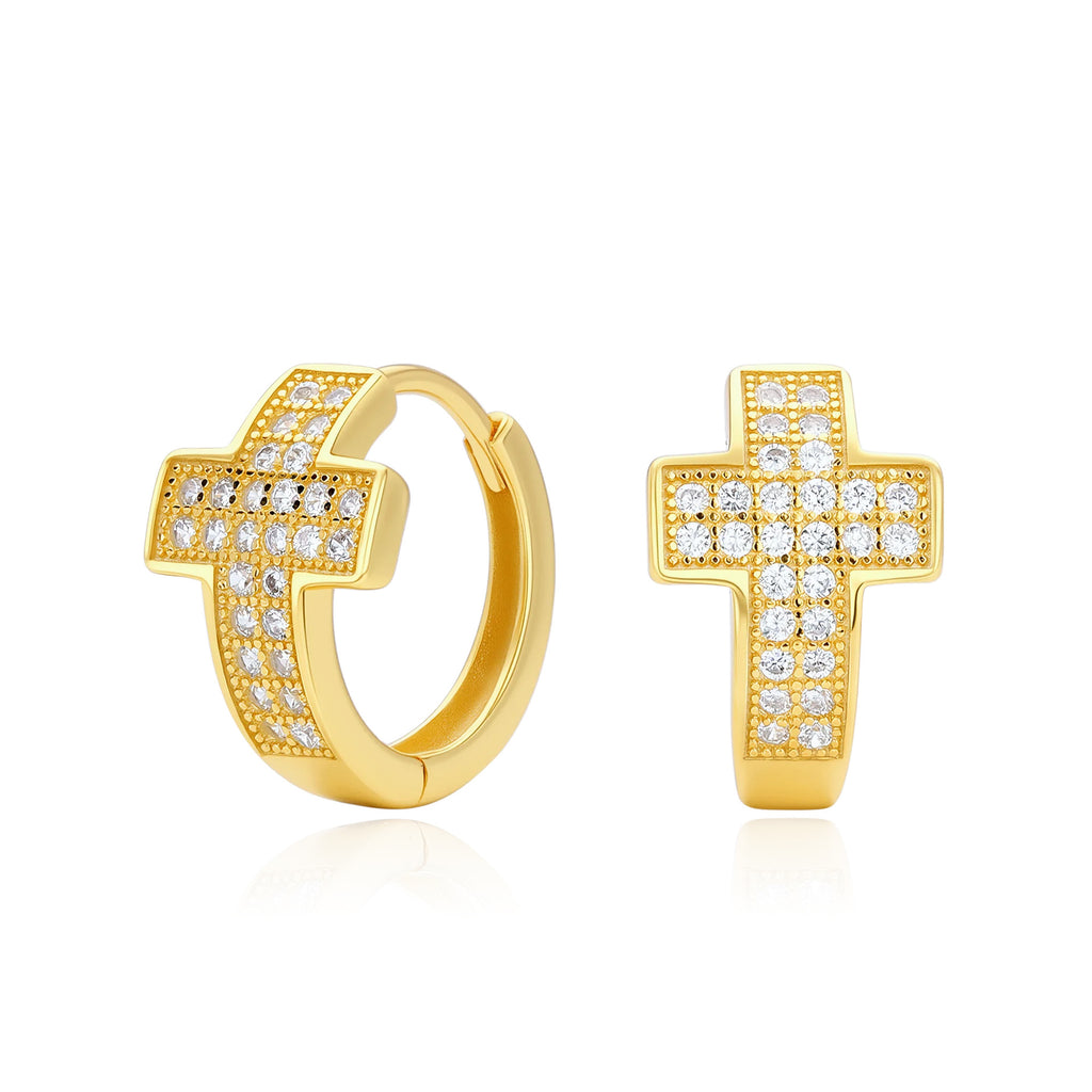 Pave CZ Cross Huggie Hoop Earrings in 925 Sterling Silver
