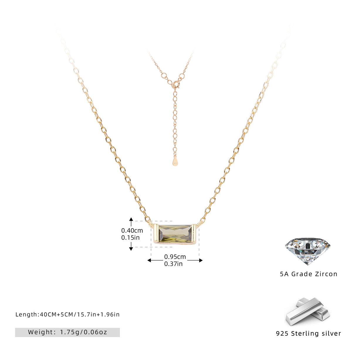 Rectangular colored zircon s925 sterling silver December birthstone collar necklace