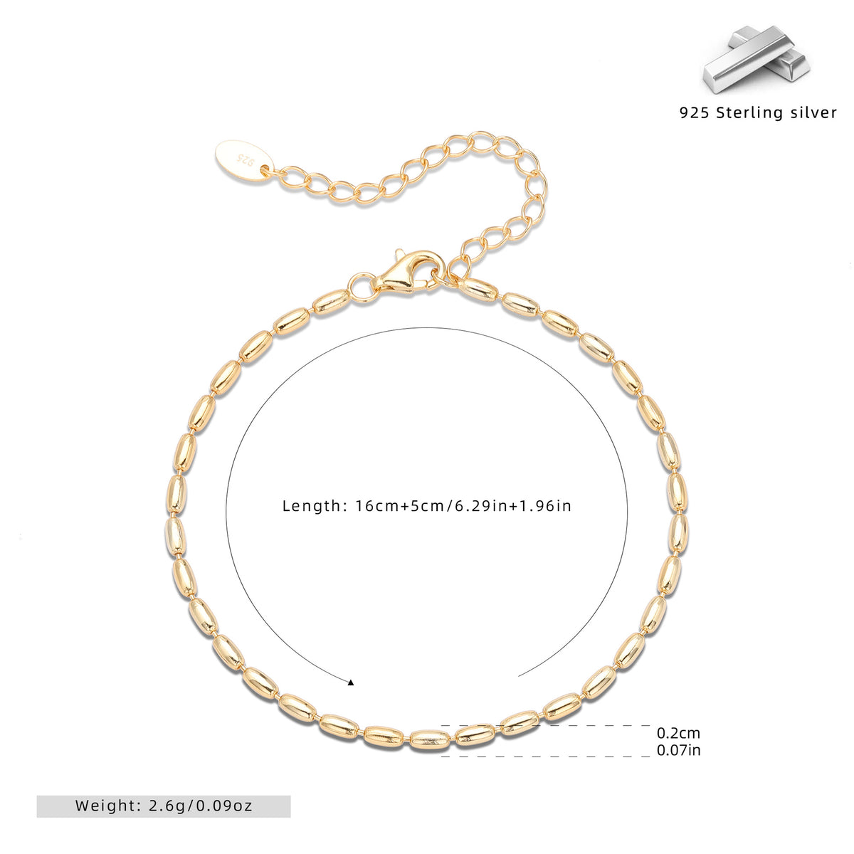 S925 Sterling Silver Rice-Shaped Olive Bead Bracelet