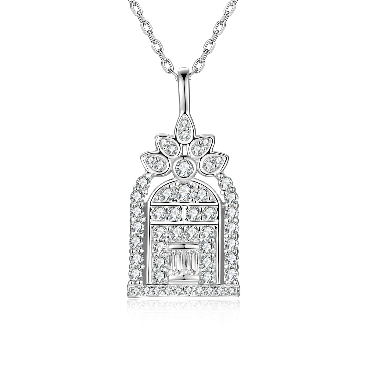 S925 Silver "Gate of Happiness" Castle Moissanite Birdcage Pendant Necklace