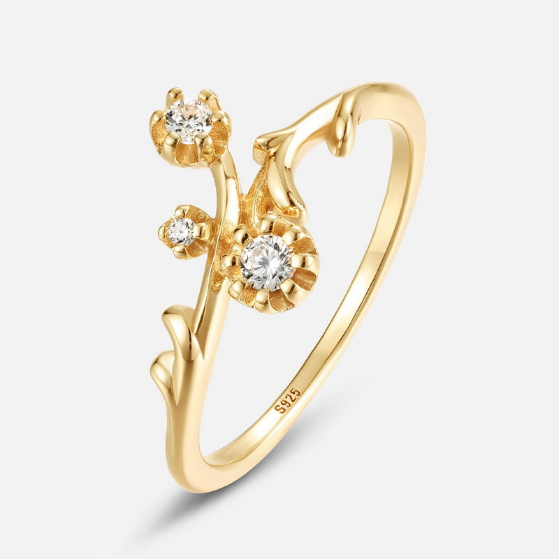 S925 Sterling Silver Gold-Plated Flower Zircon Inlaid Ring