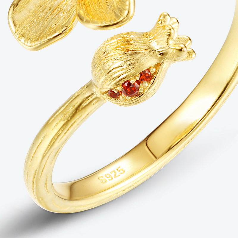 S925 Sterling Silver Gold-Plated Pomegranate Zircon Inlaid Ring