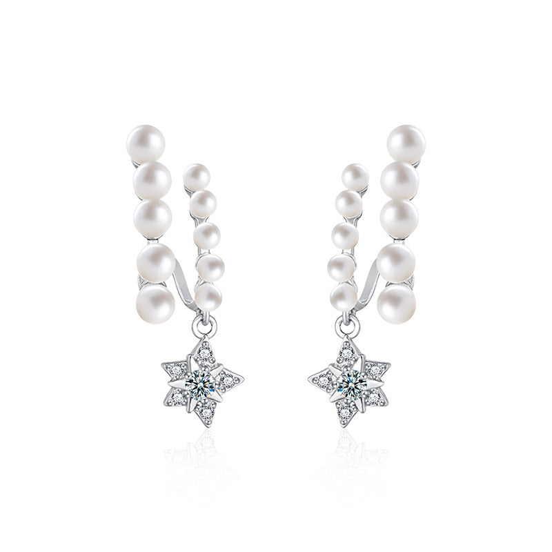 French elegance S925 sterling silver moissanite five-pointed star double-row pearl stud earrings