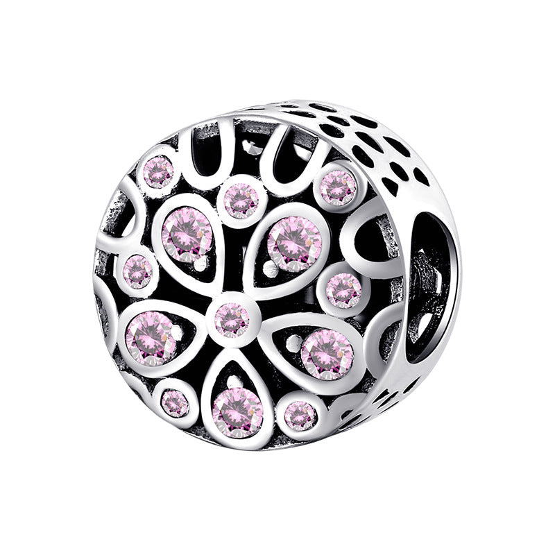 S925 Sterling Silver Inlaid Pink Diamond Hollow Flower Beaded Zircon Pendant