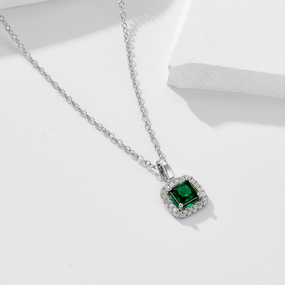 S925 Sterling Silver Square Emerald Zircon Pendant Necklace