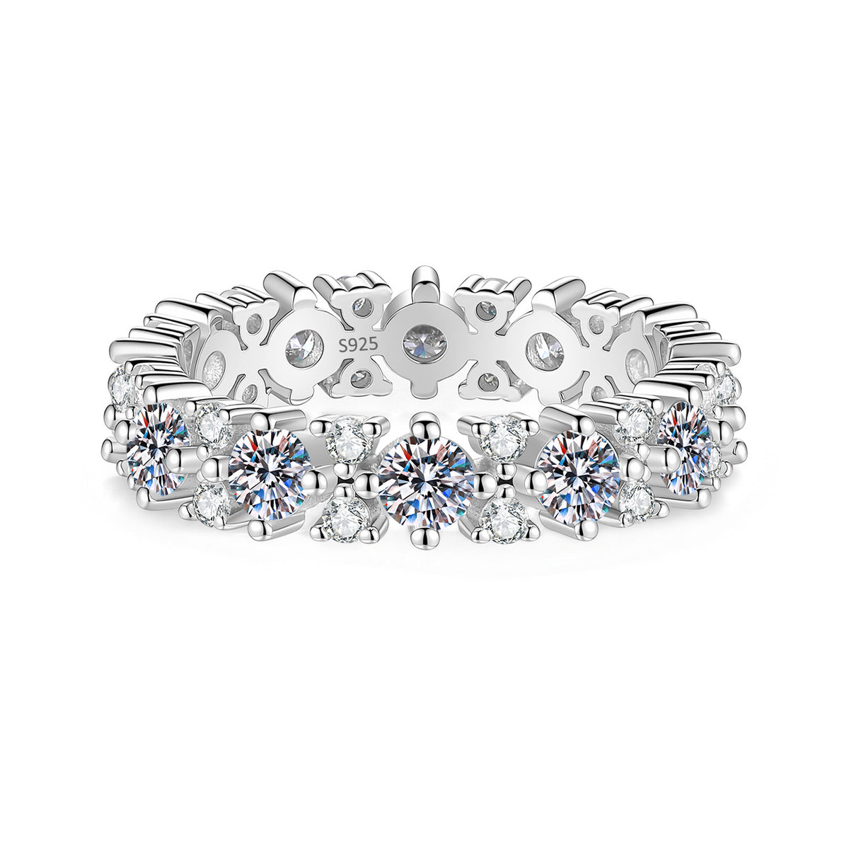S925 Sterling Silver Moissanite Ring with Pavé-Set Stones