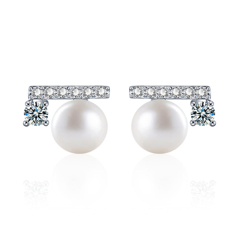 925 Sterling Silver "Balance Beam" Earrings featuring Natural Freshwater Pearls and Moissanite