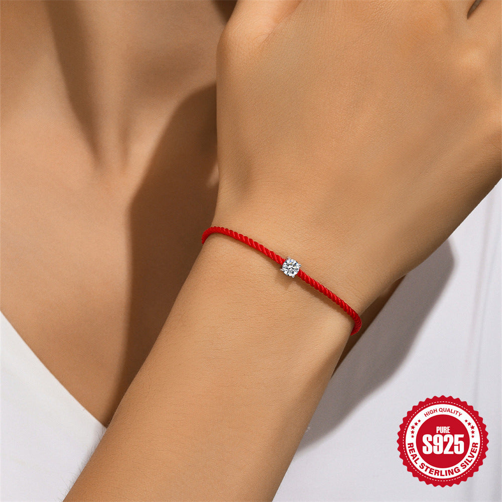 S925 Sterling Silver Red Cord Bracelet with Single Moissanite Stone