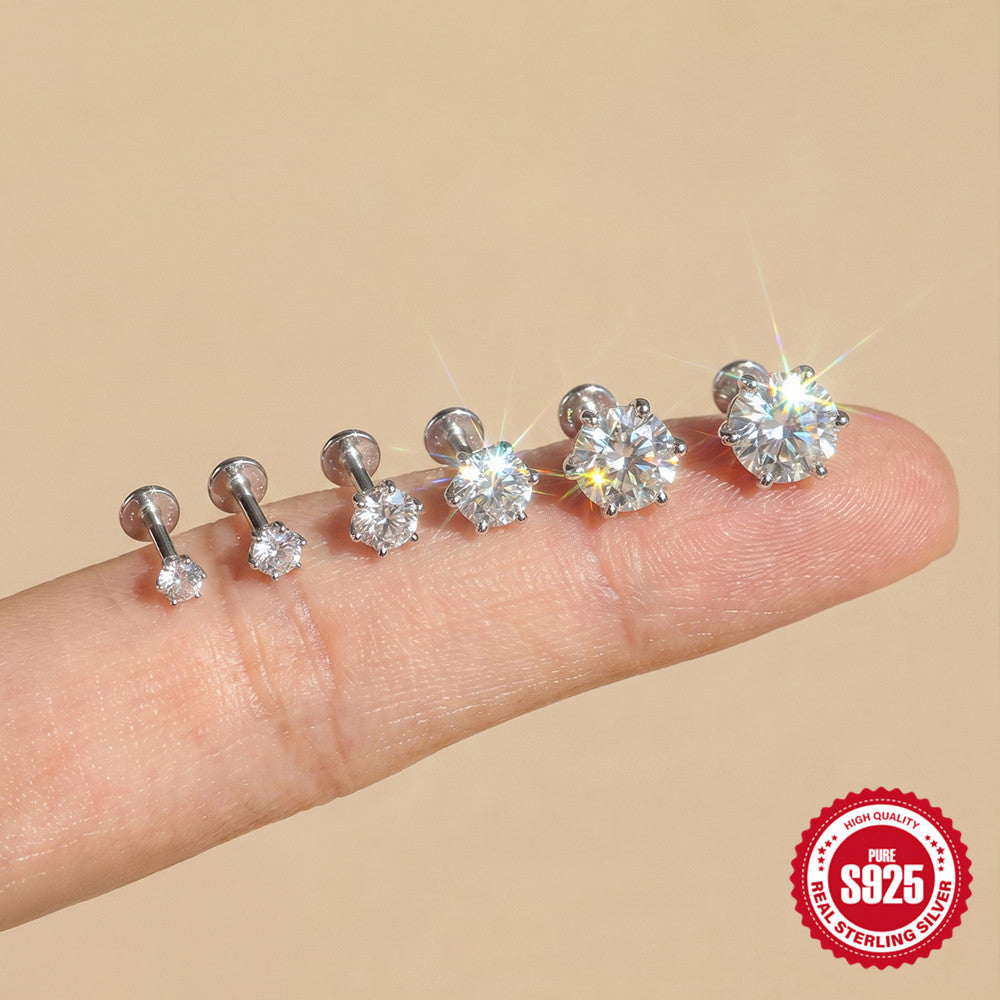 S925 Sterling Silver Six-Prong Moissanite Cartilage Stud Earring