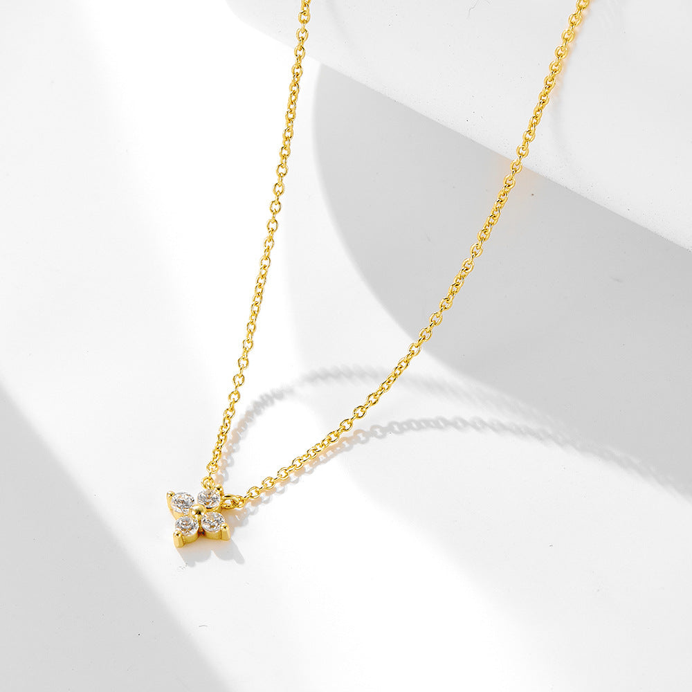 S925 Sterling Silver Plated 14K Gold Zircon Inlaid Four Leaf Clover Necklace