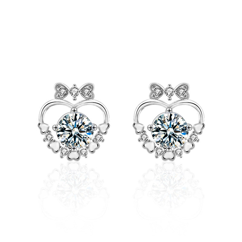 Moissanite and 925 Sterling Silver Heart & Bow Stud Earrings