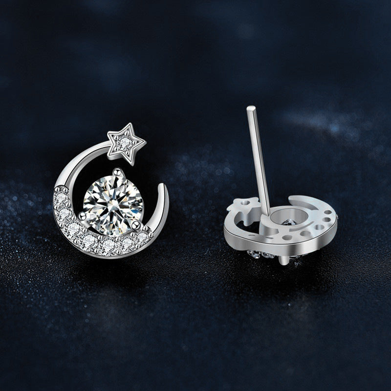 925 Sterling Silver Moissanite Star and Moon Stud Earrings — Exquisite Jewelry