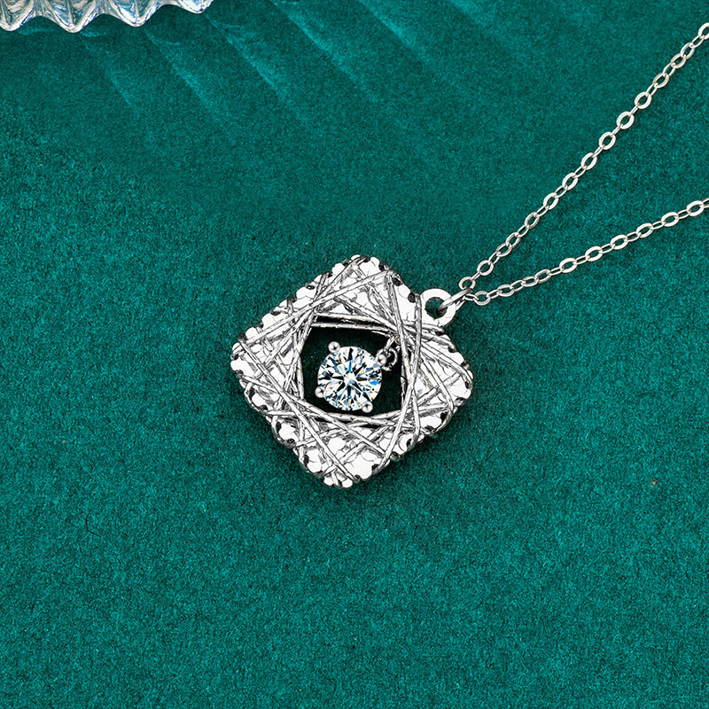 S925 Sterling Silver Moissanite Woven Dream net Square Pendant Necklace