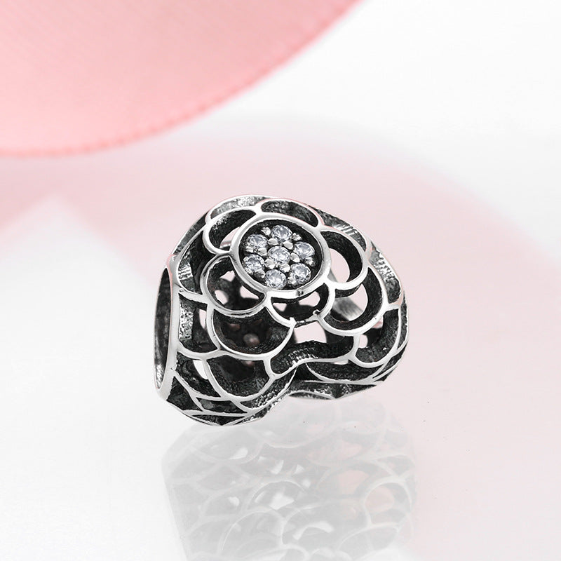 S925 Sterling Silver Hollow Heart Flower Bead Pendant