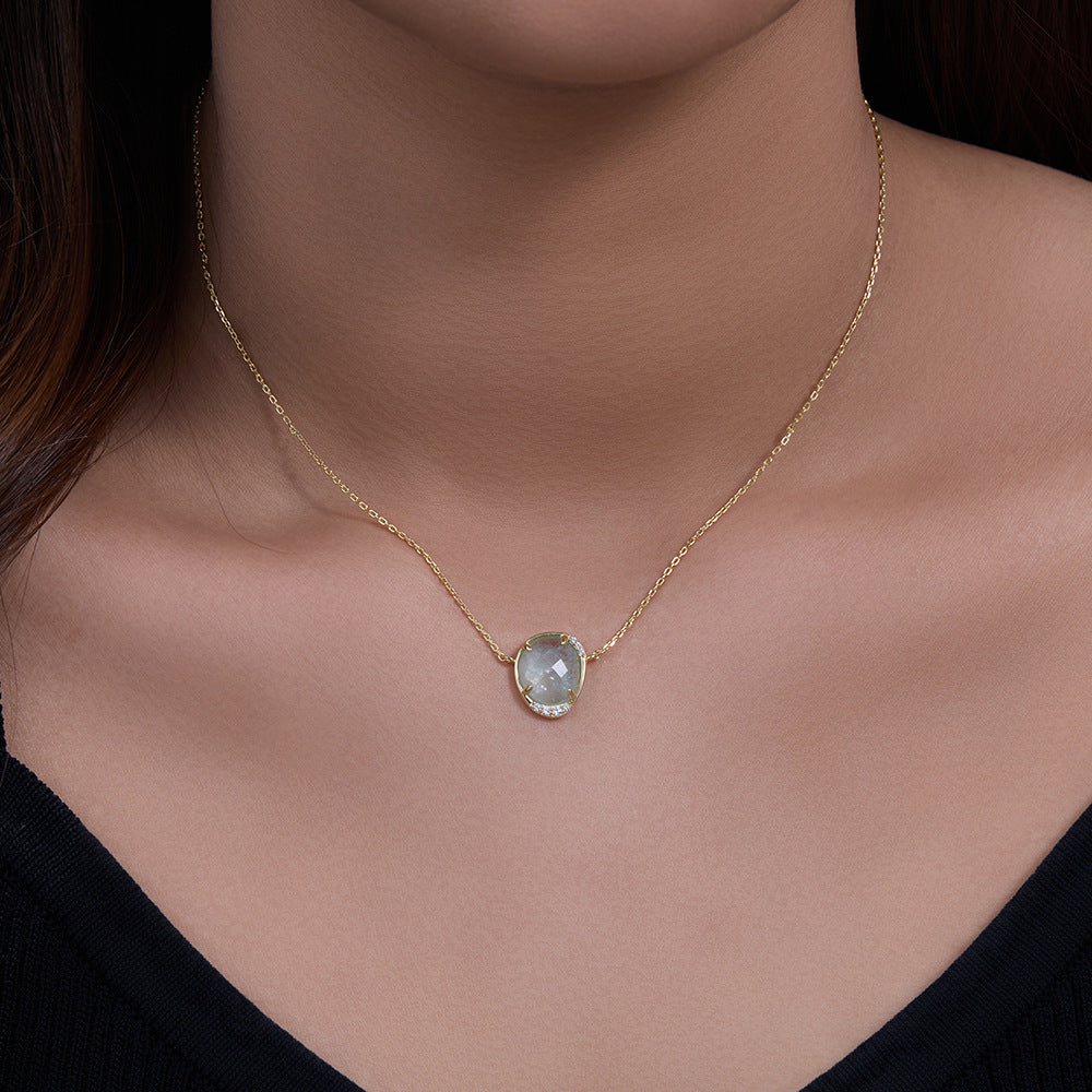S925 Sterling Silver Oval Egg-Shaped Natural Aquamarine Zircon Pendant Necklace