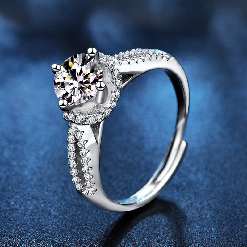S925 Sterling Silver Double Row Hollow Out Moissanite Ring