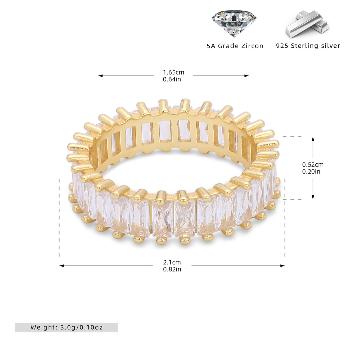 Versatile S925 sterling silver ring with rectangular zircon clusters