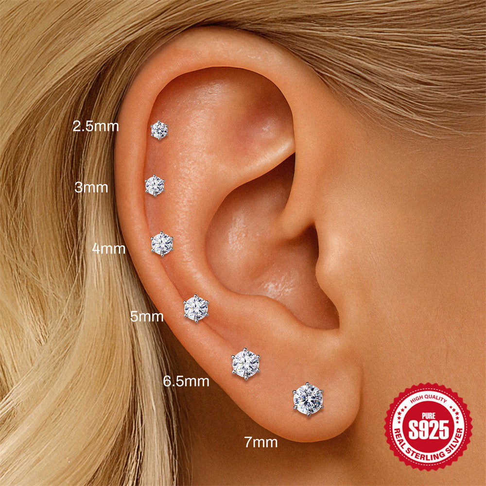 S925 Sterling Silver Six-Prong Moissanite Cartilage Stud Earring