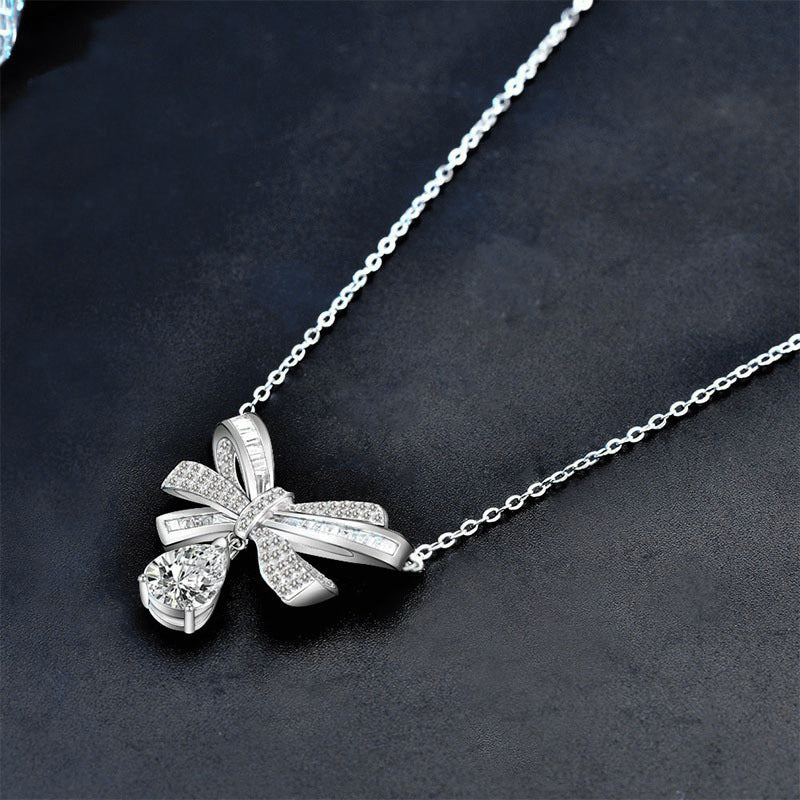 S925 Sterling Silver Tassel Bow Water Drop Moissanite Pendant Necklace