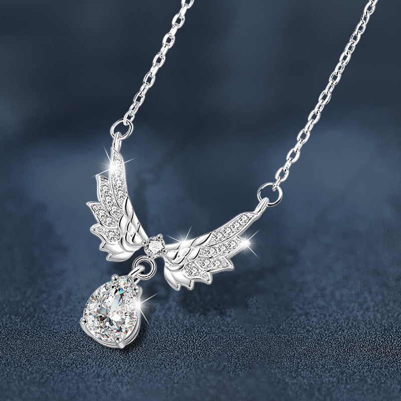 S925 Sterling Silver Angel Wings Moissanite Pendant Necklace