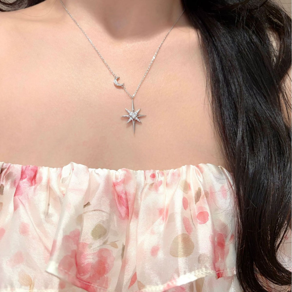 S925 Sterling Silver Eight-Pointed Star and Moon Moissanite Necklace