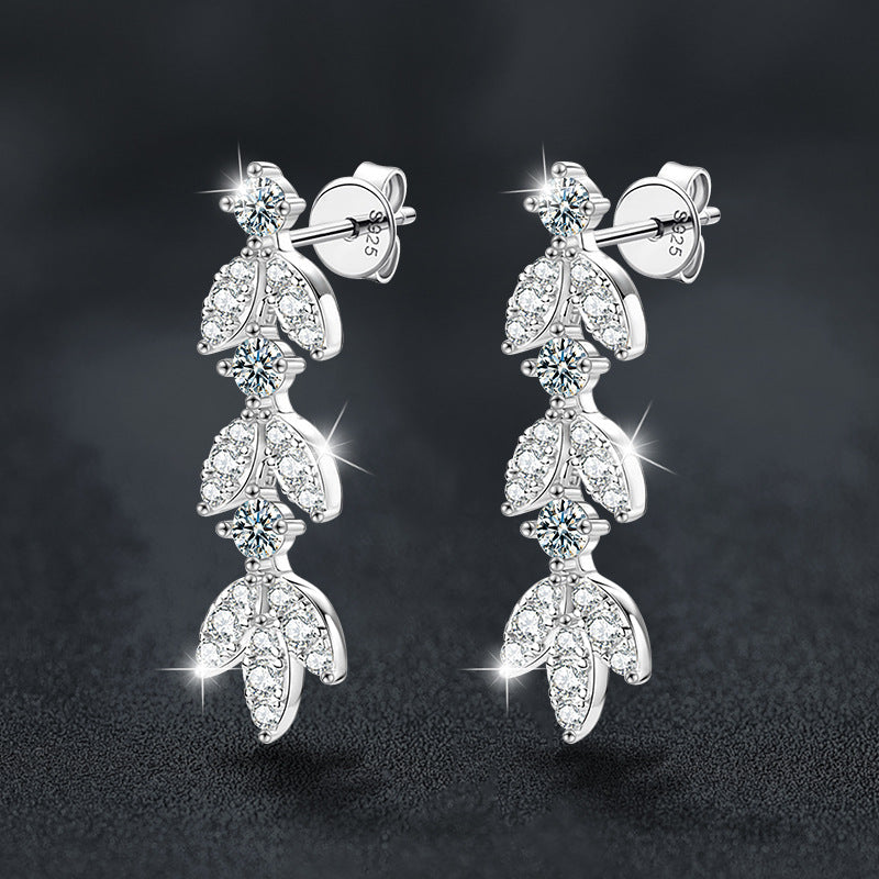 S925 Sterling Silver Leaf Drop Earrings with Moissanite Tassels