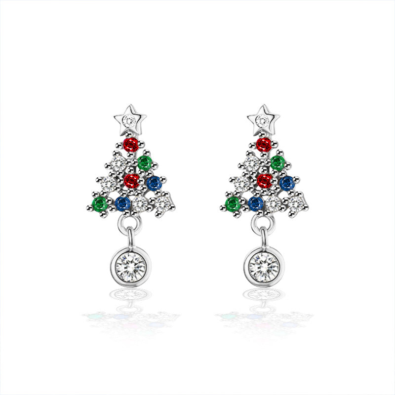Moissanite Colorful Diamond Christmas Tree Stud Earrings — 925 Sterling Silver, Elegant Christmas Jewelry