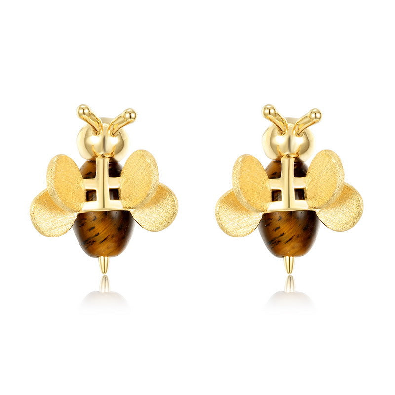 S925 Sterling Silver Gold-Plated Bee Earrings with Tiger Eye Stone
