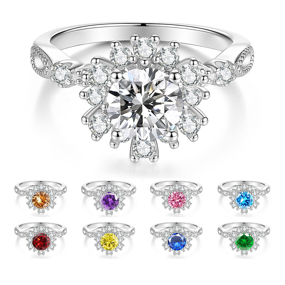 S925 Silver Flower Ring with Colorful Moissanite