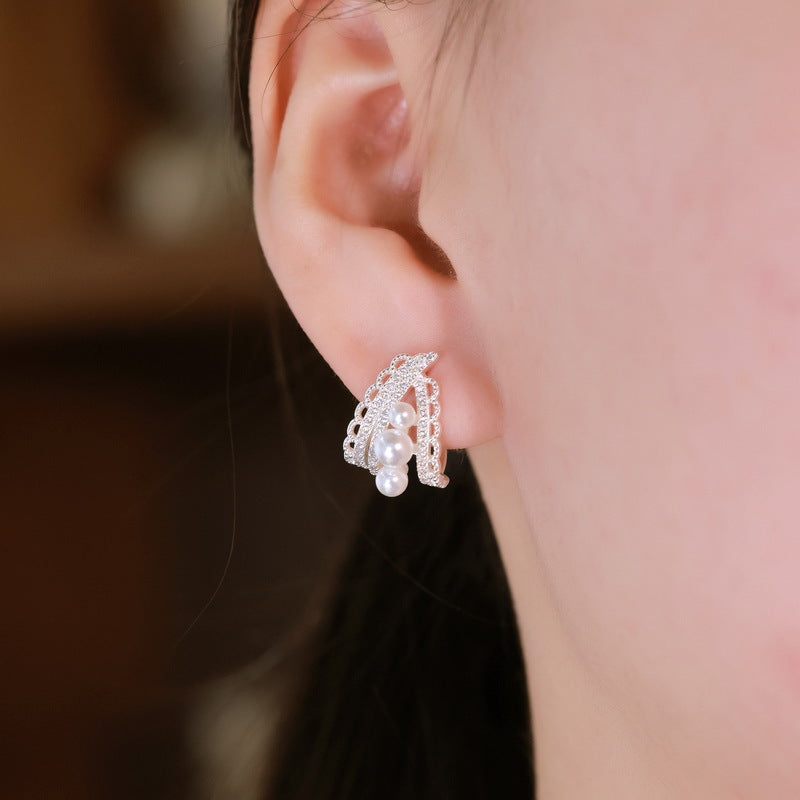 S925 Sterling Silver Vintage Lace Hollow Pearl Earrings