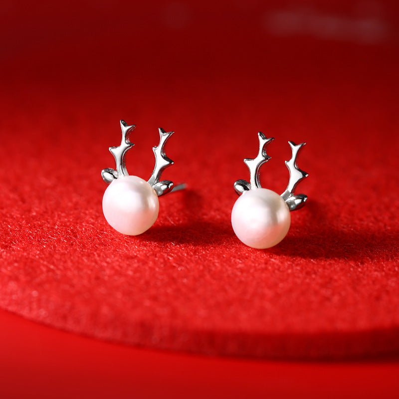 S925 Sterling Silver Christmas Reindeer and Natural Freshwater Pearl Stud Earrings