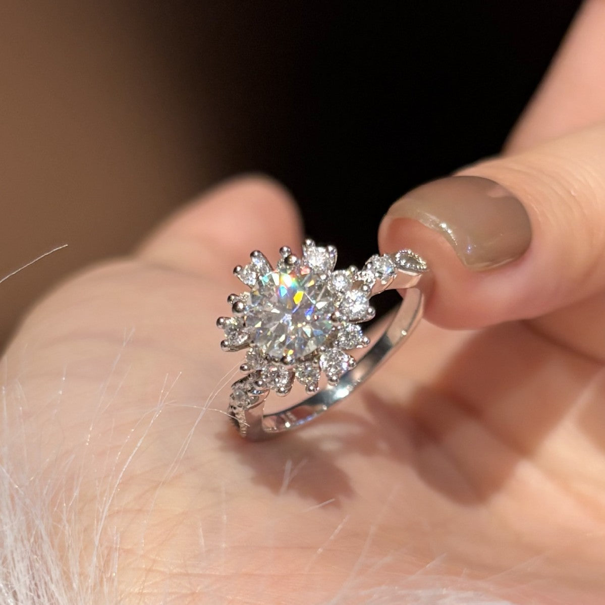S925 Silver Flower Ring with Colorful Moissanite
