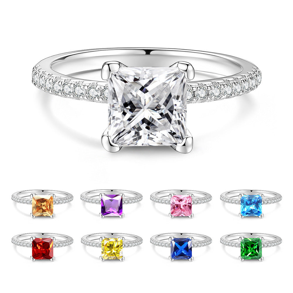 S925 Silver Square-Cut Colored Moissanite Ring
