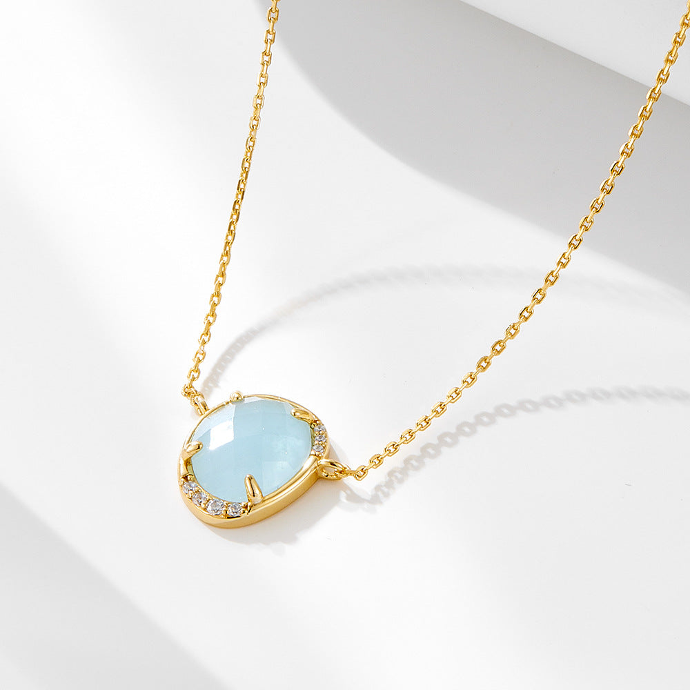 S925 Sterling Silver Oval Egg-Shaped Natural Aquamarine Zircon Pendant Necklace