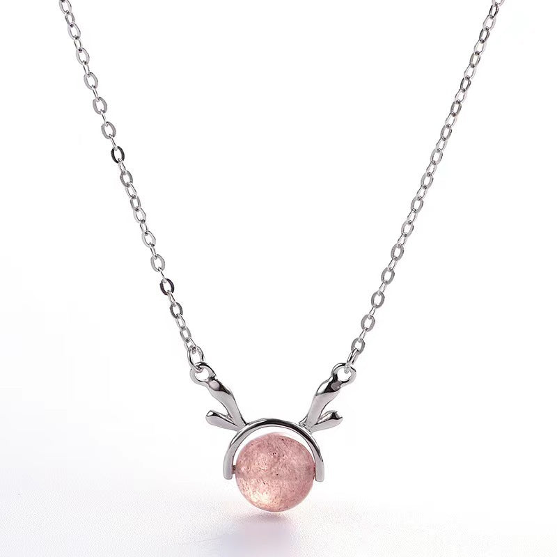 S925 Sterling Silver Christmas Reindeer Strawberry Quartz Necklace