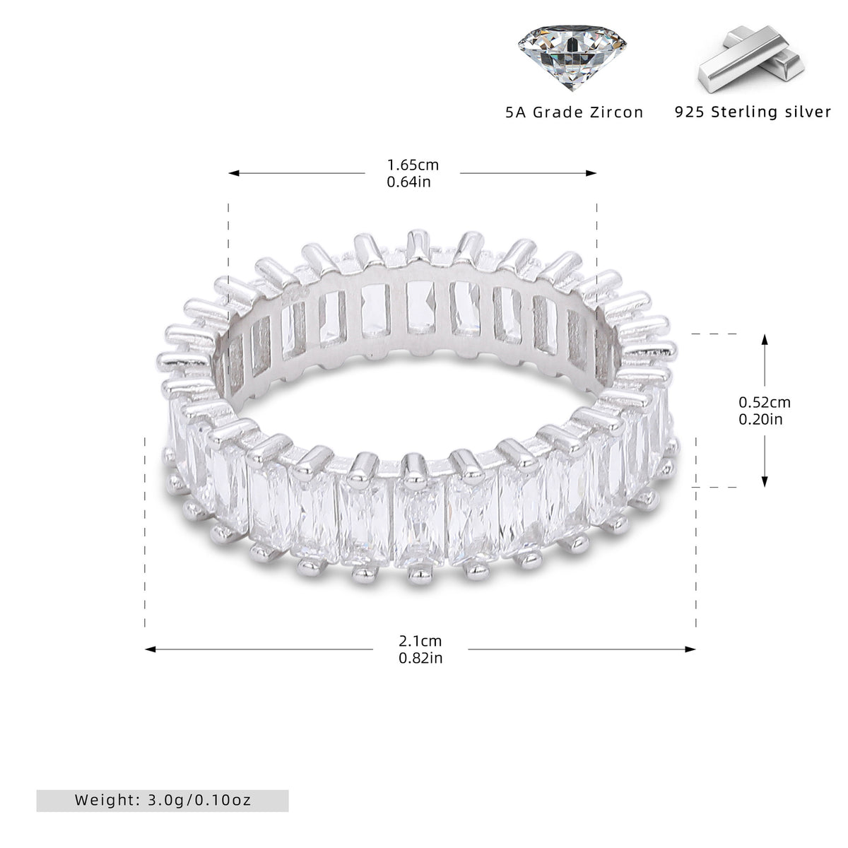 Versatile S925 sterling silver ring with rectangular zircon clusters