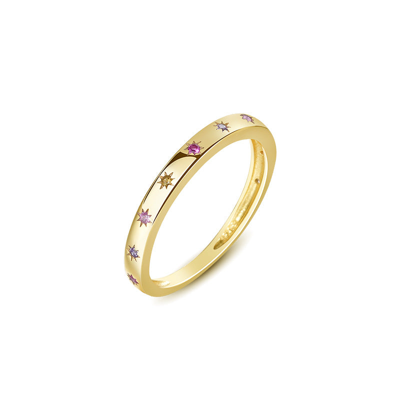 S925 Sterling Silver Plain Band Ring with Colorful Zirconia