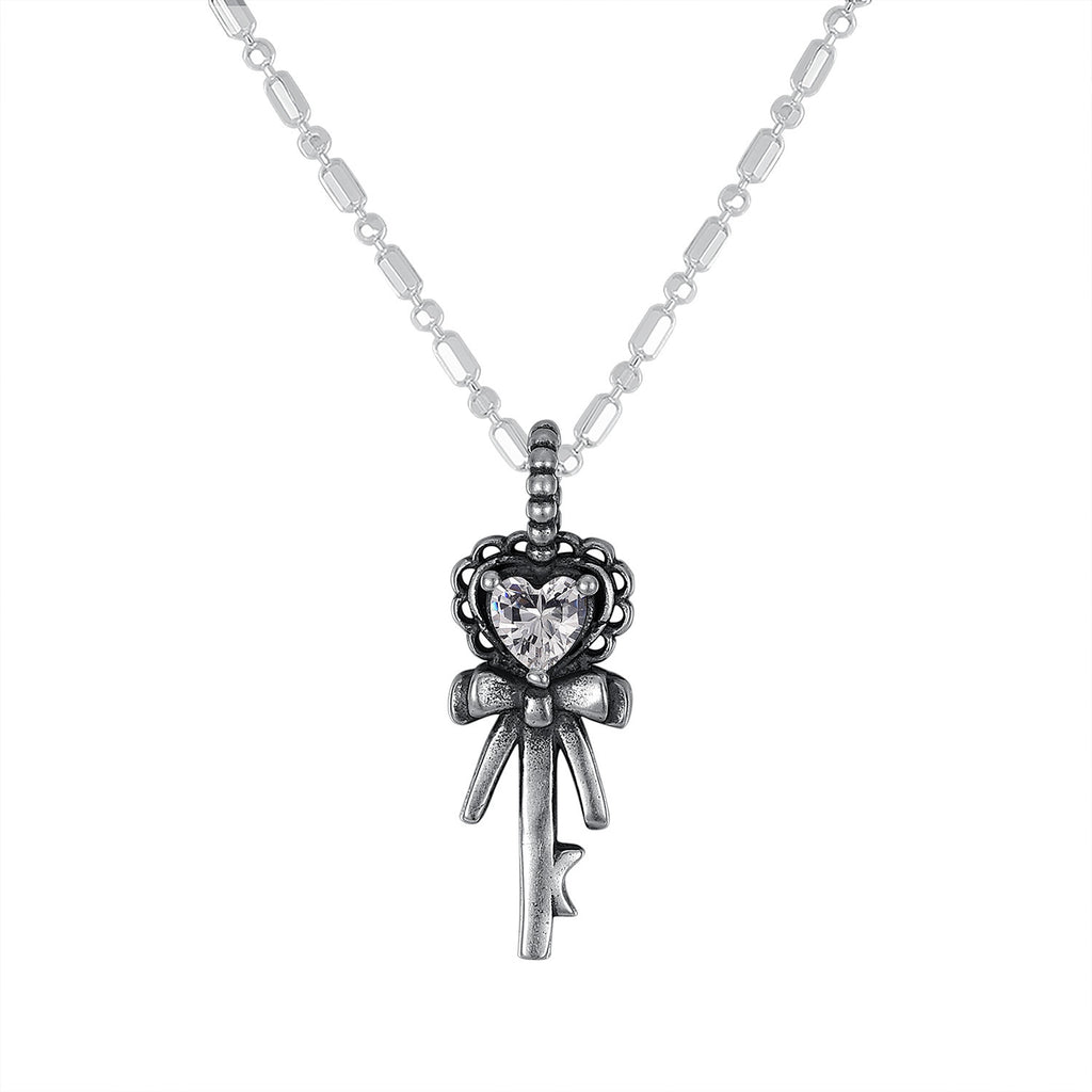 S925 Sterling Silver Halloween Bow & Heart Key Necklace